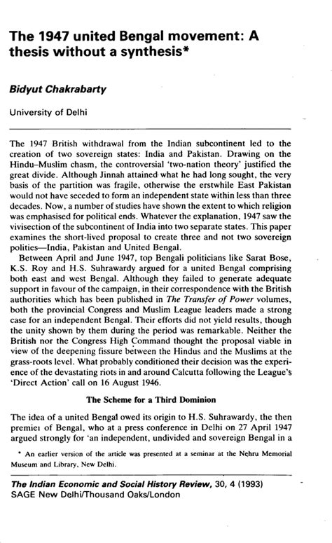 The 1947 united Bengal movement: A thesis without a synthesis - Bidyut ...