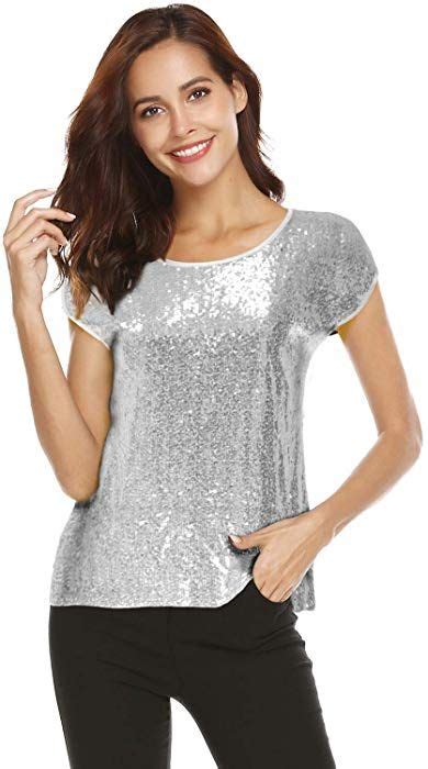 Women Sequin Tops Glitter Shimmer Tunic Loose Bat Sleeve Sparkle T