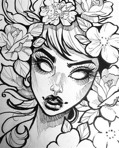 Black And White Drawing Of Woman Easy Flowers To Draw Flower Crown