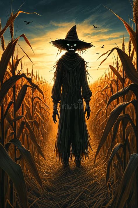 Scarecrow In A Witch Costume Stands In A Cornfield At Sunset Editorial