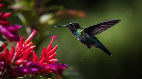 Hummingbird Flying By Green Flowers Background, Picture Of Hummingbirds ...