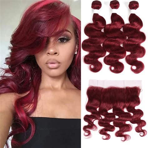 Burgundy Body Wave Bundles With Frontal J Red Human Hair Bundles