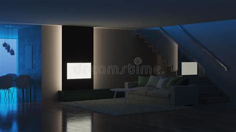 Modern House Interior Night Evening Lighting Stock Illustration