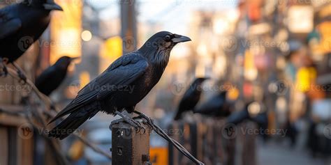 Solid black crow perched on an electric pole in urban Tokyo surrounded