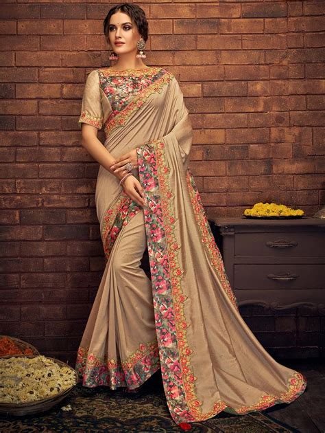 Beige Silk Saree With Pearls And Cutwork Border In 2020 Indian Wedding Wear Party Wear Sarees