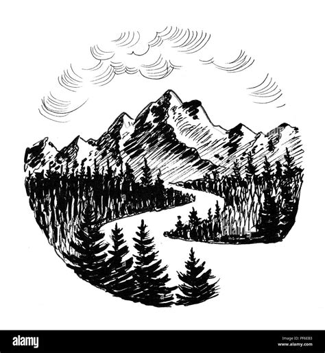 Rivière de montagne paysage Dessin noir et blanc Encre Photo Stock Alamy