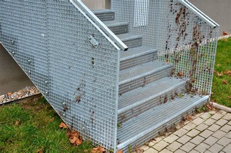 Stairs To a Residential Building Made of Stainless Steel Grid ...