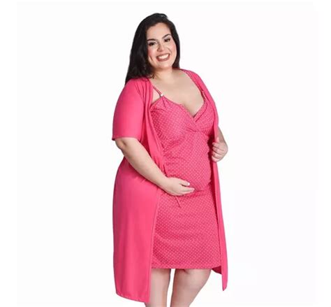 Jogo Gestante Plus Size Camisola Robe Maternidade 026 Parcelamento