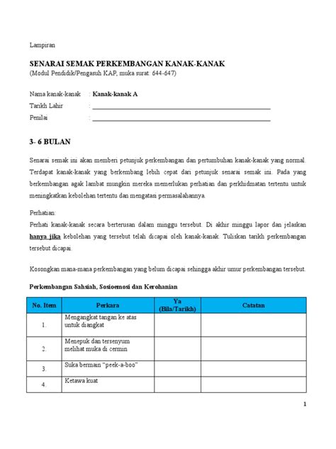 Ssp 3 6 Bulan Senarai Semak Perkembangan Kanak Kanak Pdf