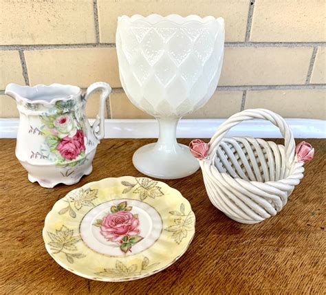 Mish Mash Of Vintage Glass Items Instant Collection White With Pink