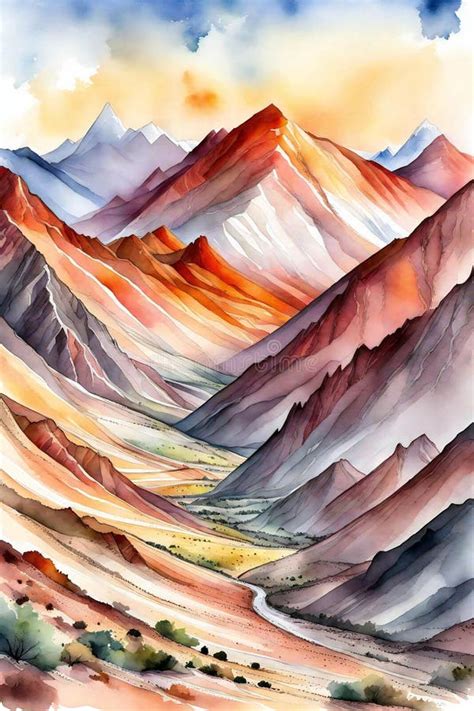 Mountain Landscape, Watercolor Hand Drawn Illustration, Mountain Range ...