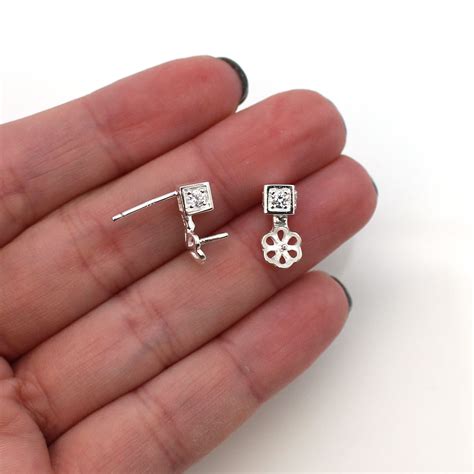 Sterling Silver Earring Findings Square CZ Stone Stud With Pearl Cup