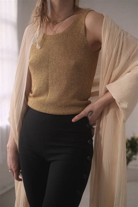 Gold Lurex Knit Tank Vintage Golden Metallic Glitter Top Etsy