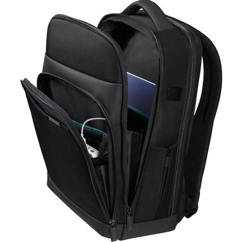 A Black Backpack With Ear Buds And An External Charger Attached To The