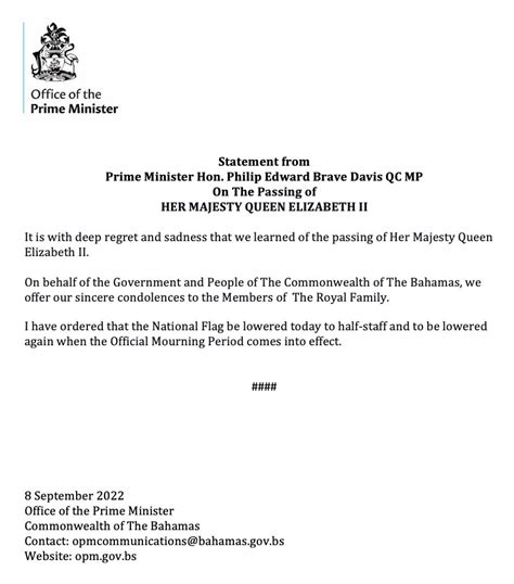 Statement From Prime Minister Hon Philip Edward Brave Davis QC MP On