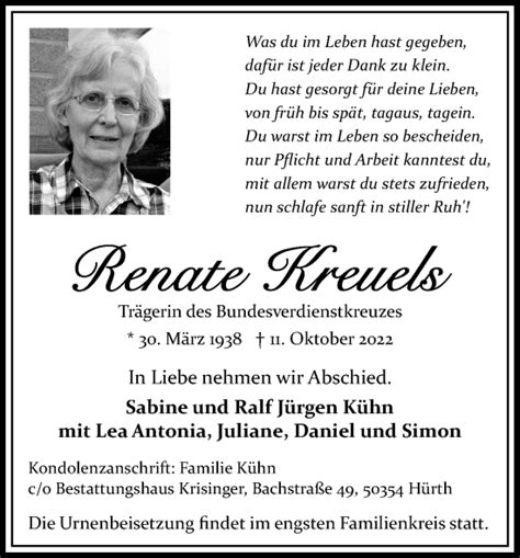 Traueranzeigen Von Renate Kreuels Wirtrauern