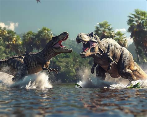 Premium Photo Epic Dinosaur Battle In Prehistoric Jungle