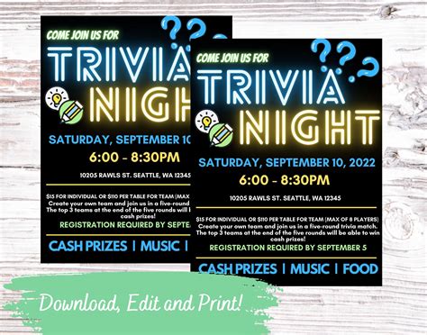 Editable and Printable Neon Trivia Night Invitation Flyer Template ...