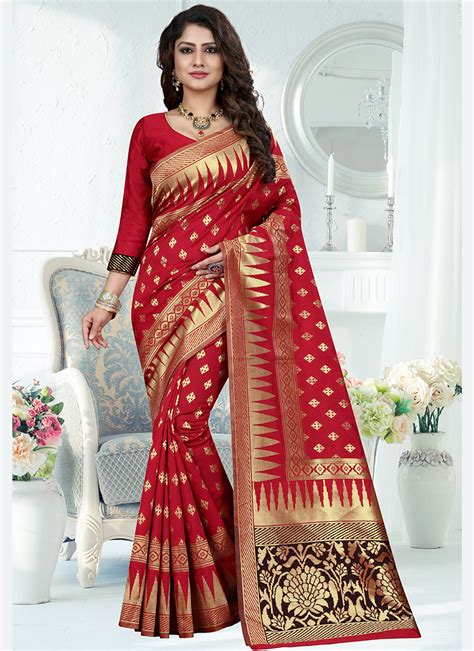 Buy Red Banarasi Silk Traditional Wear Weaving Saree Online From