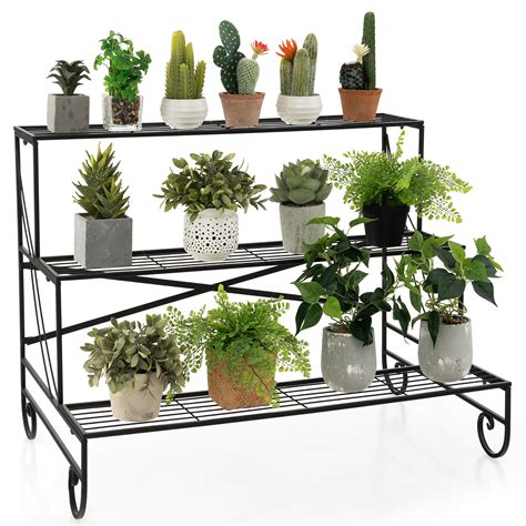 Gymax Tier Metal Shelf Ladder Shaped Plant Stand Flower Pot Display