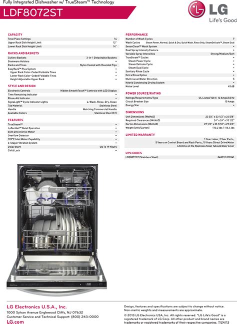 Lg Ldf St User Manual Specification Ldf Dishwasher Spec Sheet