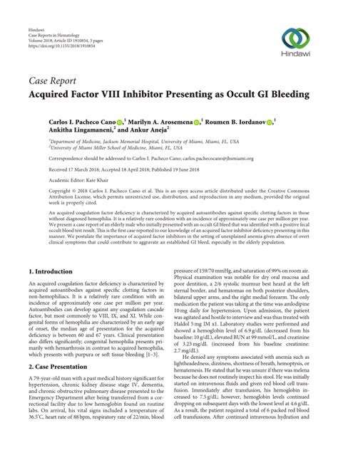 Pdf Acquired Factor Viii Inhibitor Presenting As Occult Gi Bleeding