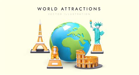 Poster with 3D sights of world. Landmarks of different continents ...