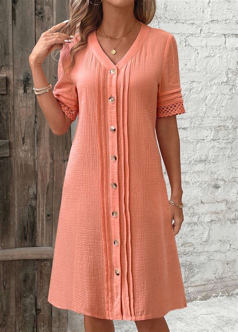 Rotita Button Dusty Pink A Line V Neck Dress Rotita Usd