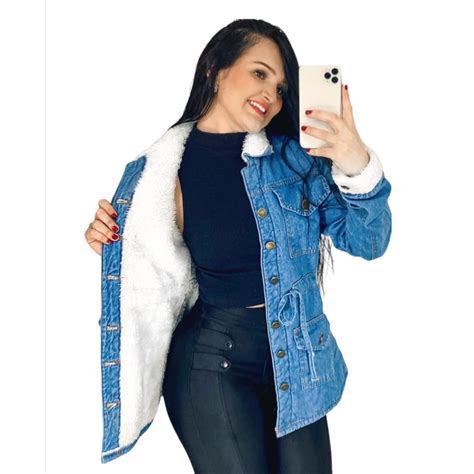 Jaqueta Parka Feminina Forrada Jeans Sobretudo Pelinho Max Jaqueta