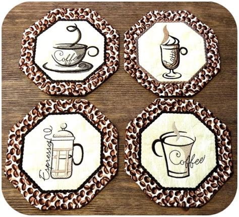 In The Hoop Coffee Coaster Set Applique Machine Embroidery Design