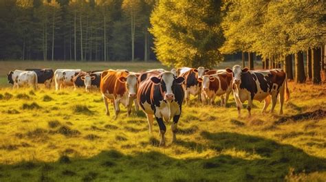 Premium AI Image | Cows in a field with trees in the background