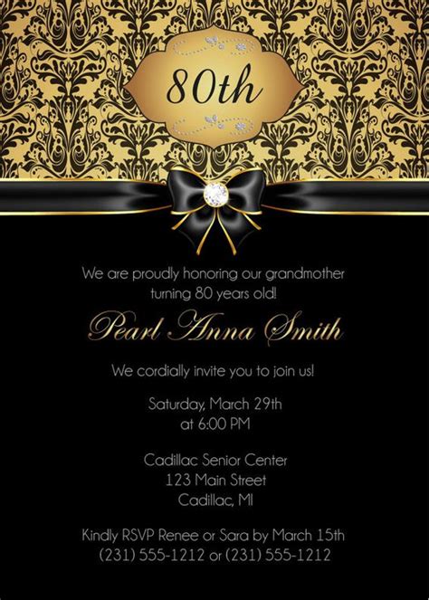 80th Birthday Invitation Adult Black And Gold Damask 80th Birthday