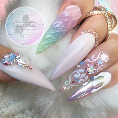 Unicorn Long Rainbow Pastel White Chrome Nail Art Kylie Jenner Acrylic