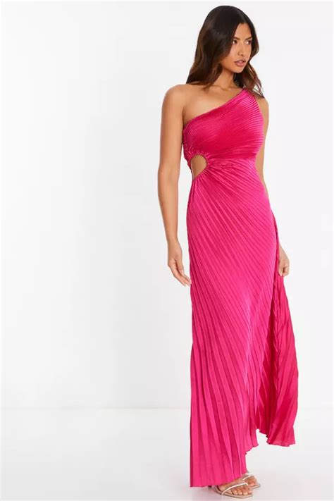 Pink Satin Pleated One Shoulder Maxi Dress Quiz Clothing