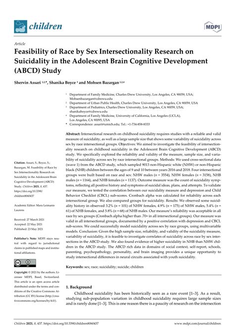 Pdf Feasibility Of Race By Sex Intersectionality Research On Suicidality In The Adolescent