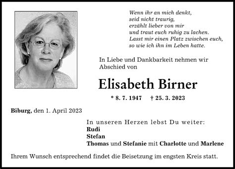 Traueranzeigen Von Elisabeth Birner Augsburger Allgemeine Zeitung