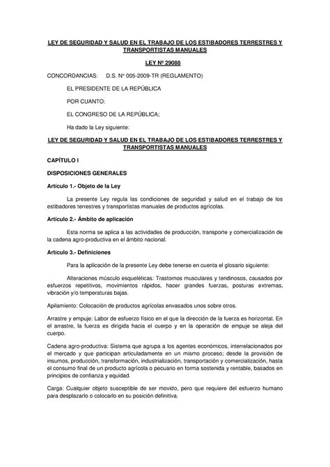 LEY 29088 LEY DE Seguridad Y Salud EN EL Trabajo DE LOS Estibadores