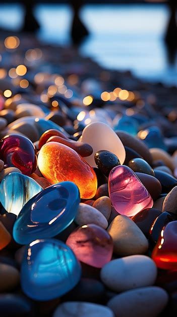 Premium Photo Sunset Serenade Colorful Glass Pebbles On A Beachstones On The Beachstones On