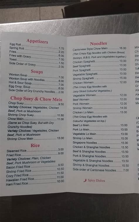 Menu At Cozy Corner Restaurant Timmins