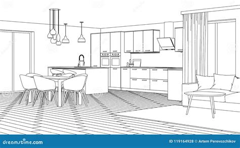 Modern House Interior Design Project Sketch Stock Illustration