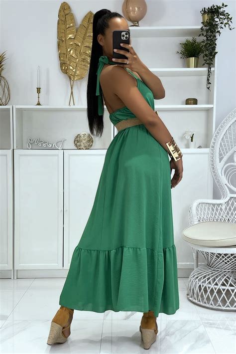 Robe Longue Verte à Col Rond à Ceinture Effet Paille Style Bohème Chic