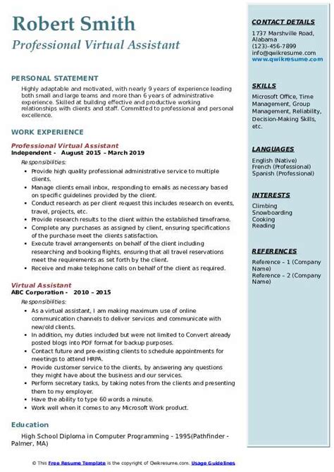 Virtual Assistant Resume Template Free Printable Templates Your Go