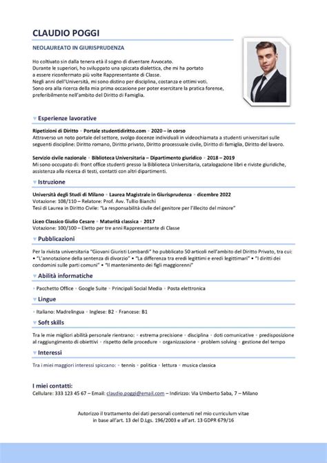 Esempio Curriculum Vitae Neolaureato Template CV Gratis