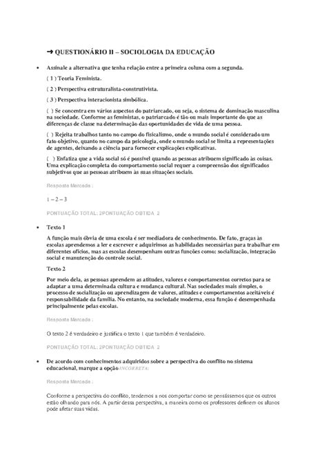 Sociologia Avaliacao Question Rio Ii Sociologia Da Educa O