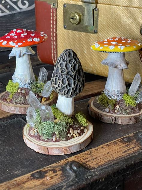 Single Polymer Clay Mushroom Sculpture With Quartz Crystals Amanita