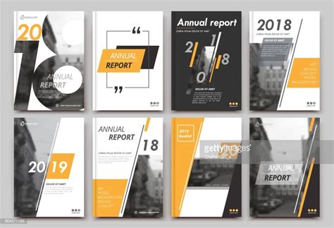 a set of brochures with yellow and black shapes on the cover, for annual report