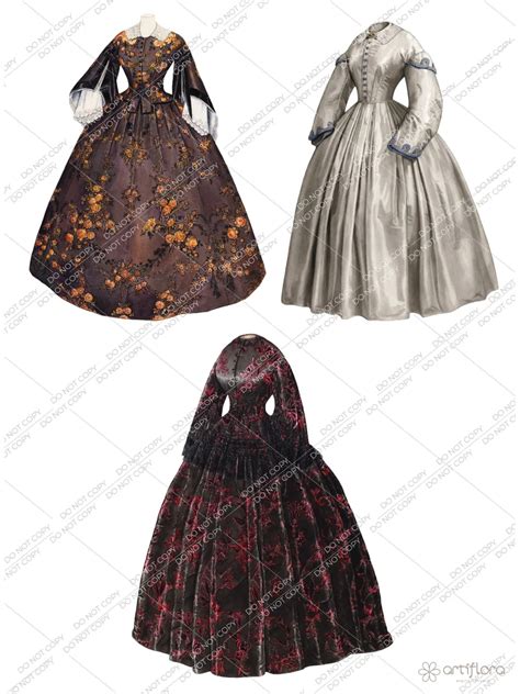 Watercolor Victorian Dresses Clipart Vintage Fashion Clipart Gothic