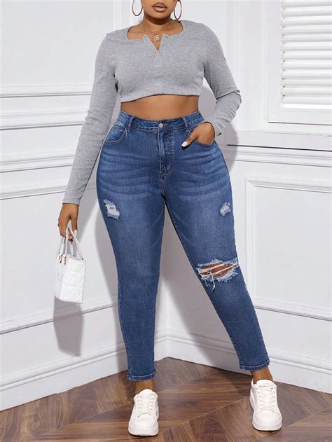 Shein Essnce Plus High Waist Ripped Skinny Jeans Shein Usa