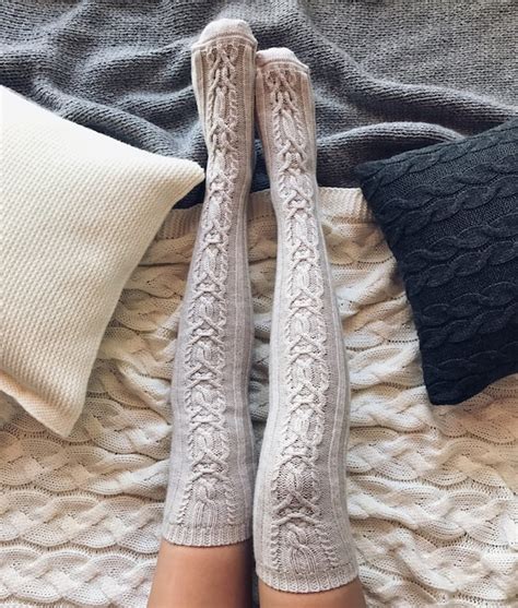 Over Knee High Cable Knit Thick Wool Socks Beige