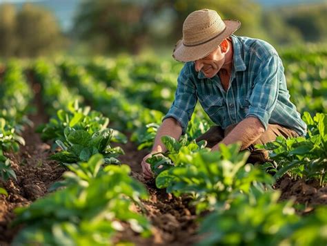 farmer tending  crops   field   sunny day premium ai